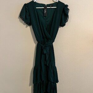 Lulus Have Harmony Swiss Dot Ruffled Faux Wrap Midi Dress - Sz L (NWT)